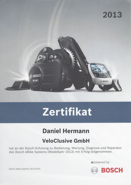 ein Zertifikat ausgestellt auf Veloclusive Bosch Schulung 2013: Bedienung, Wartung, Diagnose und Reparatur des eBike Systems